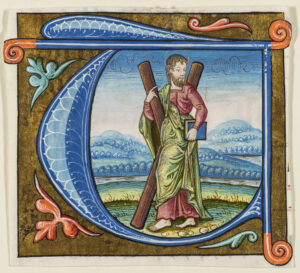 Illuminated historiated initial ‘T’ featuring St Andrew, France c. 1500